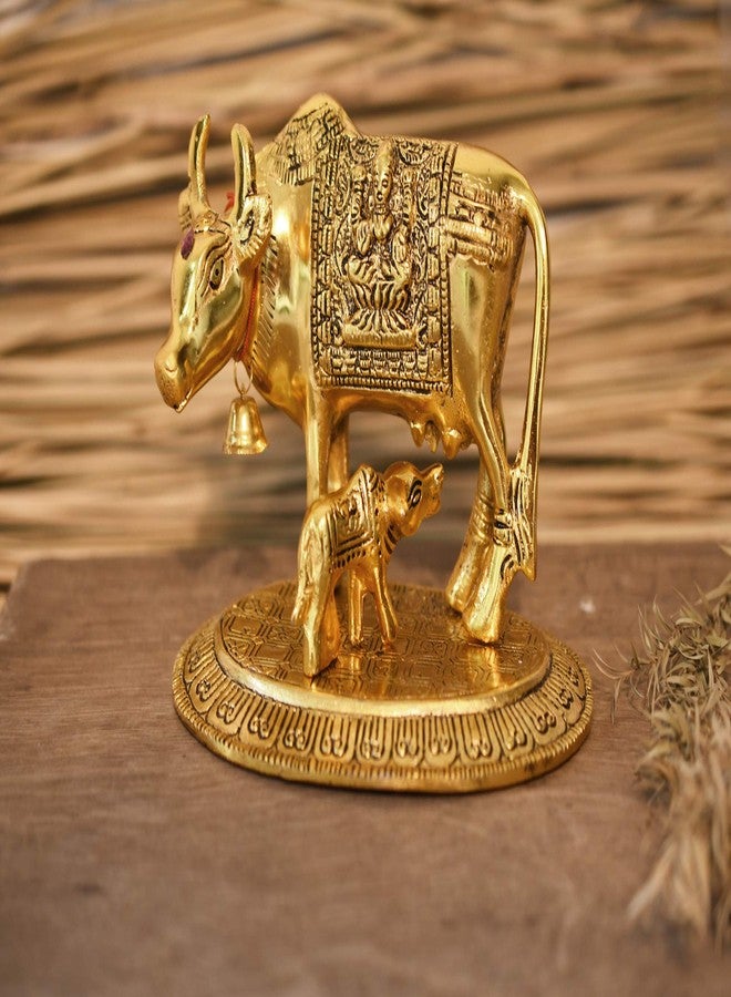 JAIPUR ACE Kamdhenu Cow with Calf Sculpture Brass Statue, Nandi Cow Sculpture - Medium, Golden - Image 1
